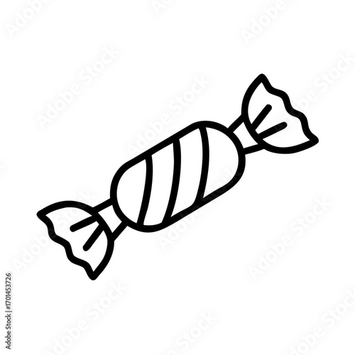 Simple monochrome graphic of a wrapped candy with decorative ends outlined