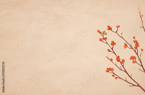 Elegant Korean Hanji Texture Background with Single Persimmon Branch in Corner