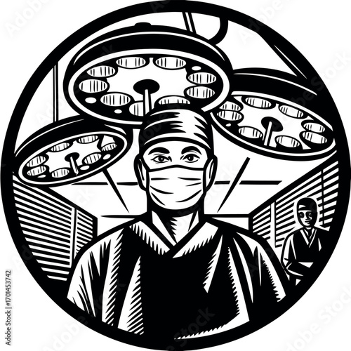 Surgeon masked focused under bright lights with assistant surgical cap operating room