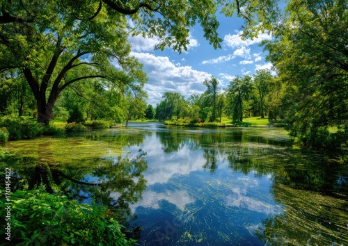 Serene park lake, lush greenery, blue sky