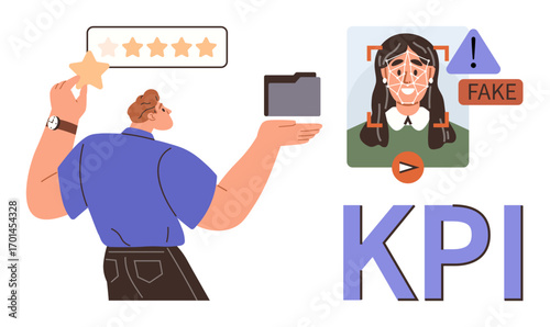 Man holding folder and star reviewing performance, fake profile analysis, and KPI text. Ideal for data analysis, online security, performance review, trust metrics, team management, productivity