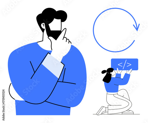 Man thinking with hand on chin, a developer writing code, and a circular arrow signifying refresh. Ideal for programming, creativity, solutions, reflection, updates, problem-solving simple landing