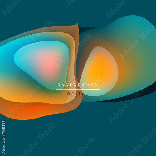 Abstract fluid shapes overlap, creating vibrant color gradients. Teal background complements orange, blue hues. Modern design element.