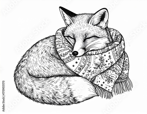 Fox Curled Up Wearing Scarf Black and White Line Art Illustration