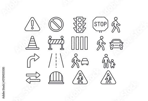 grid 4x4 vector icon line road safety and pedestrian safety 16 items isolated on white background