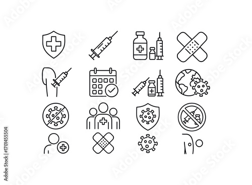 grid 4x4 vector icon line public health vaccination 16 items isolated on white background. grid 4x4 vector icon line reproductive health access 16 items isolated on white background