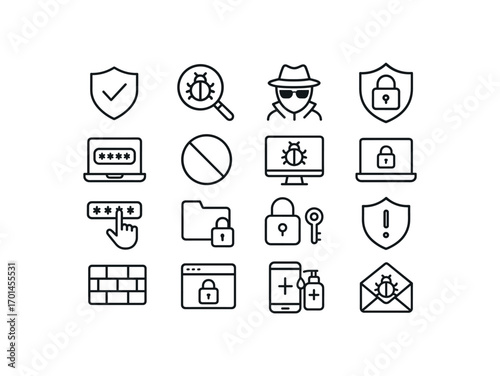grid 4x4 vector icon line cyber safety and digital hygiene 16 items isolated on white background