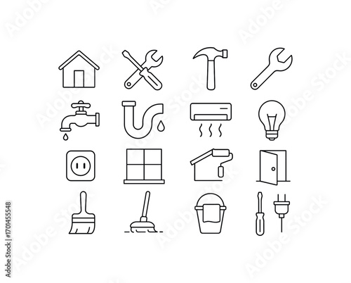grid 4x4 vector icon line home maintenance basics 16 items isolated on white background