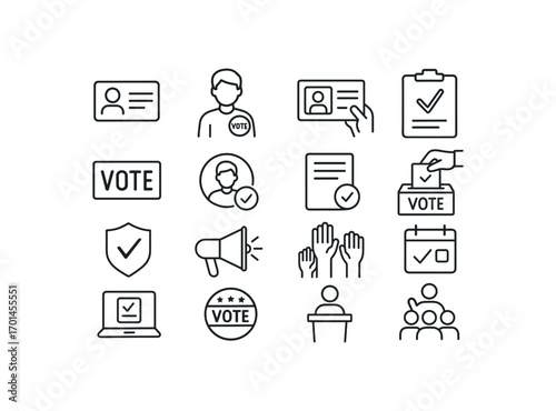 grid 4x4 vector icon line voter registration and civic participation 16 items isolated on white background