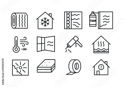 grid 4x4 vector icon line insulation and air sealing 16 items isolated on white background