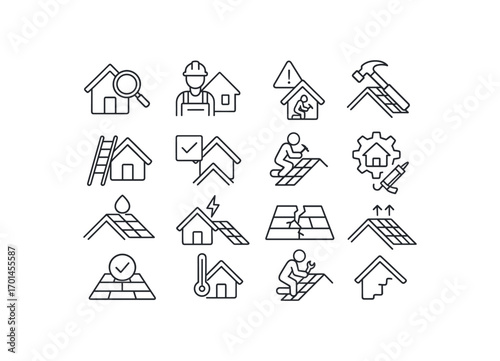 grid 4x4 vector icon line roof inspection and repair 16 items isolated on white background