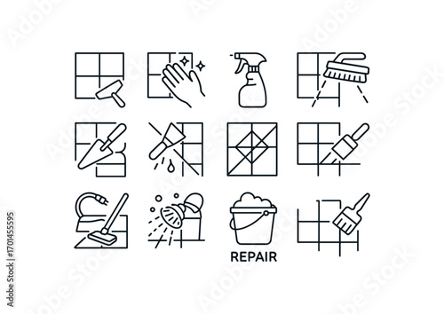 grid 4x4 vector icon line tile and grout care 16 items isolated on white background
