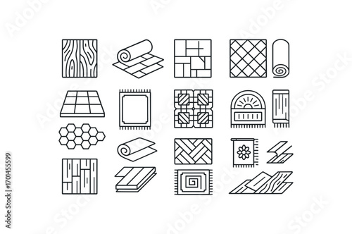 grid 4x4 vector icon line flooring and carpets 16 items isolated on white background