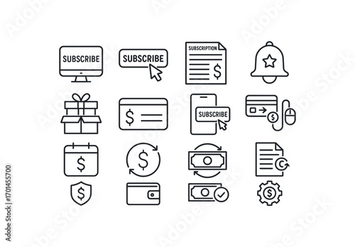 grid 4x4 vector icon line subscriptions and auto payments 16 items isolated on white background