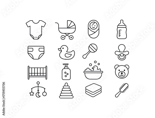 grid 4x4 vector icon line newborn care essentials 16 items isolated on white background