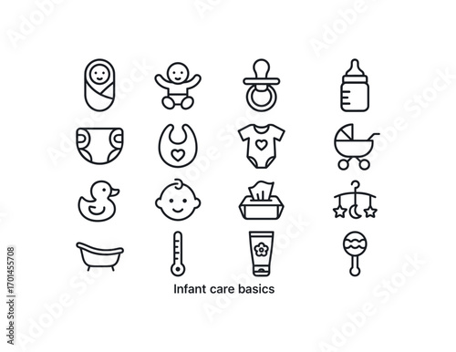 grid 4x4 vector icon line infant care basics 16 items isolated on white background