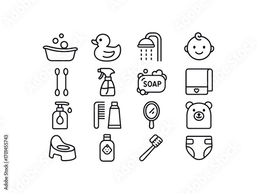 grid 4x4 vector icon line baby bath and hygiene 16 items isolated on white background