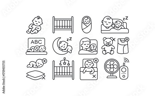 grid 4x4 vector icon line safe sleep for babies 16 items isolated on white background