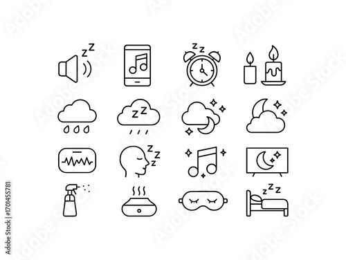 grid 4x4 vector icon line sleep soothing sounds and routines 16 items isolated on white background