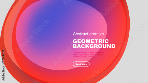 Abstract design features overlapping colorful circles. Text reads Geometric Background with sample text, plus button. Modern, vibrant aesthetic.