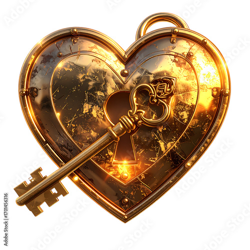 Golden Heart Lock and Key with Ornate Design graphic