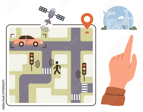 Intersection with smart traffic lights, pedestrian, GPS car, satellite, map marker, hand gesture interface, and airport. Ideal for technology, smart cities urban planning navigation