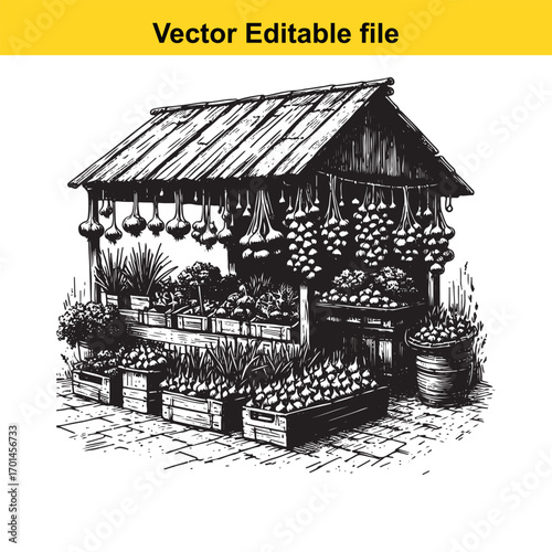 Handdrawn sketch of a rustic market stall overflowing with fresh produce