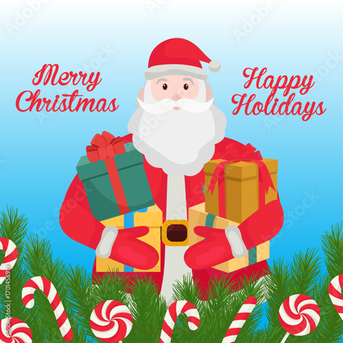 Merry Christmas greeting card Santa Claus brings gifts Fir tree branches and red candy decor