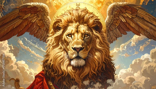Majestic lion with golden wings, set against a backdrop of celestial clouds and a radiant halo, radiating power and divine authority.
