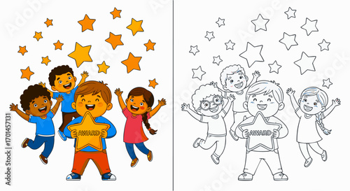 Joyful diverse children celebrating success with a golden star award, vector illustration and coloring book page for kids
