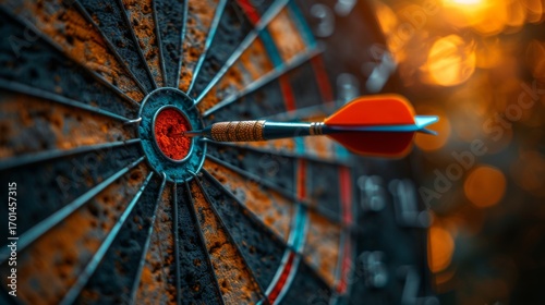 A dart successfully hits the bullseye on a dartboard, symbolizing precision and goal attainment in a competitive business environment.