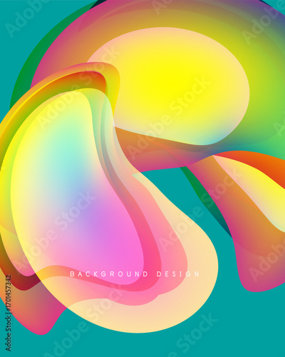 Abstract vibrant shapes overlap. Colors blend, creating smooth gradients. Design feels fluid, modern, energetic. Background is teal.