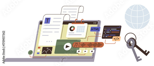 Laptop screen shows text editor, code snippets, calendar, video, and audio tracks, symbolizing web design, coding, and online media. Ideal for innovation education creativity collaboration