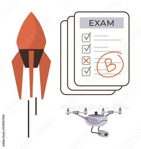 Rocket blasting off, exam paper with graded B, and surveillance quadcopter. Ideal for innovation, evaluation, education, progress, technology future achievement. Simple flat metaphor