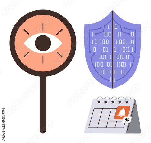 Eye magnifier, shield with binary patterns, and calendar notification represent data protection, cybersecurity, privacy, monitoring, alerts, time management, and safe practices in flat minimalistic