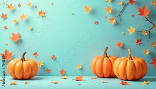 Happy Thanksgiving card. Pumpkins and autumn leaves on light blue background.