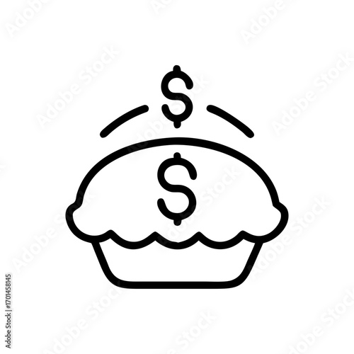 Vector line icon representing financial concepts like profit sharing, investment returns, and market share, symbolized by a pie with dollar signs