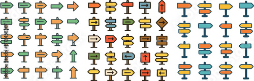 A large collection of colorful handdrawn signpost and arrow icons.