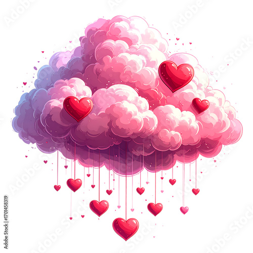 Pink cloud with red hearts and falling hearts raining