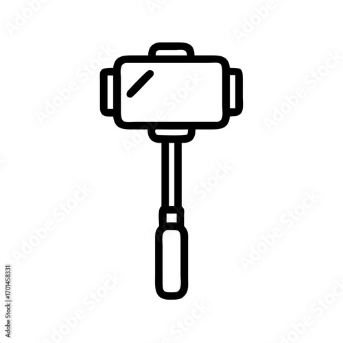 Simple line art icon of a selfie stick holding a smartphone. Vector illustration representing mobile photography, vlogging, and self-portrait technology