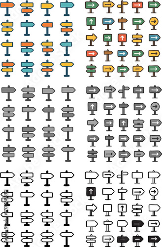 Collection of Directional Road Signs and Pointers in Various Styles.