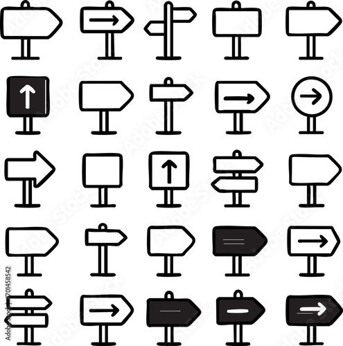 Collection of directional signpost icons with arrows and blank signs.