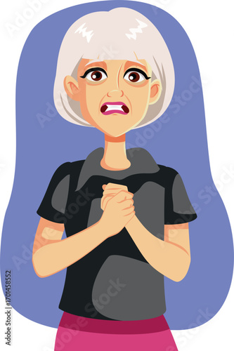 Old Woman with Hands Clasped Praying Vector Illustration. Worried stressed granny pleading god for forgiveness 