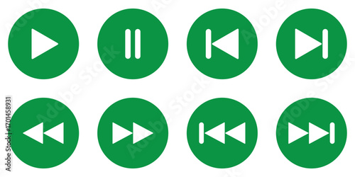 Play icon set. Media player controls with play, pause, stop, record, rewind and forward vector illustration. Universal video and music navigation symbol. Interface playback UI sign. Control pictogram