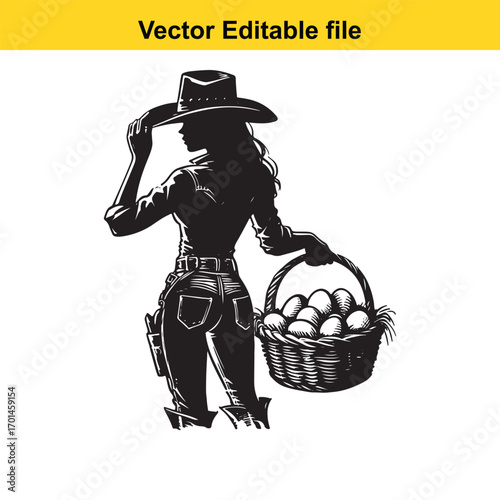 Silhouette of a cowgirl holding a basket of eggs, isolated on white background