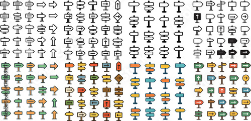 Large collection of signpost and direction arrow icons.