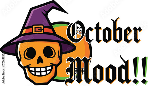 Vector of vector art of skull wearing a witch hat with october mood text
