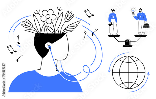 Abstract person with plants symbolizing growth, notes representing creativity. Scale emphasizes balance, globe portrays global connectivity. Ideal for innovation, creativity, growth mindset, balance