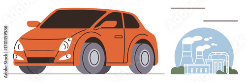 Red compact car with large wheels driving by industrial buildings emitting smoke. Ideal for themes transportation, pollution, energy, environment, industry, impact, sustainability. Simple flat