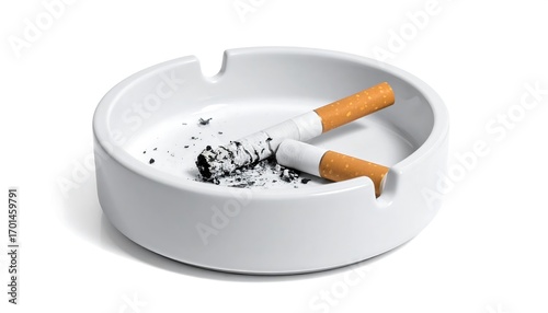 A white ceramic ashtray holds two extinguished cigarettes and ash residue against a plain white background.